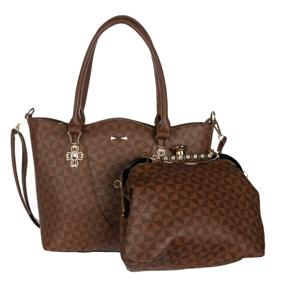 Brown Signature Inspired Fashion Handbag Purse 2 Pcs Set